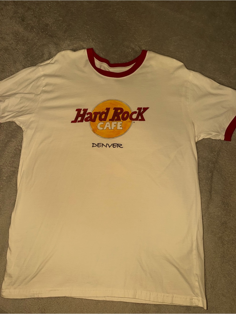 Hard Rock Cafe White Tee with Red Trim and Yellow Logo - Denver